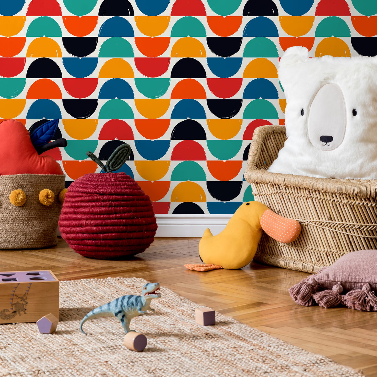 Geometric Wallpaper Featuring Colorful Half-Moon Shapes in Red, Orange, and Blue - detail view