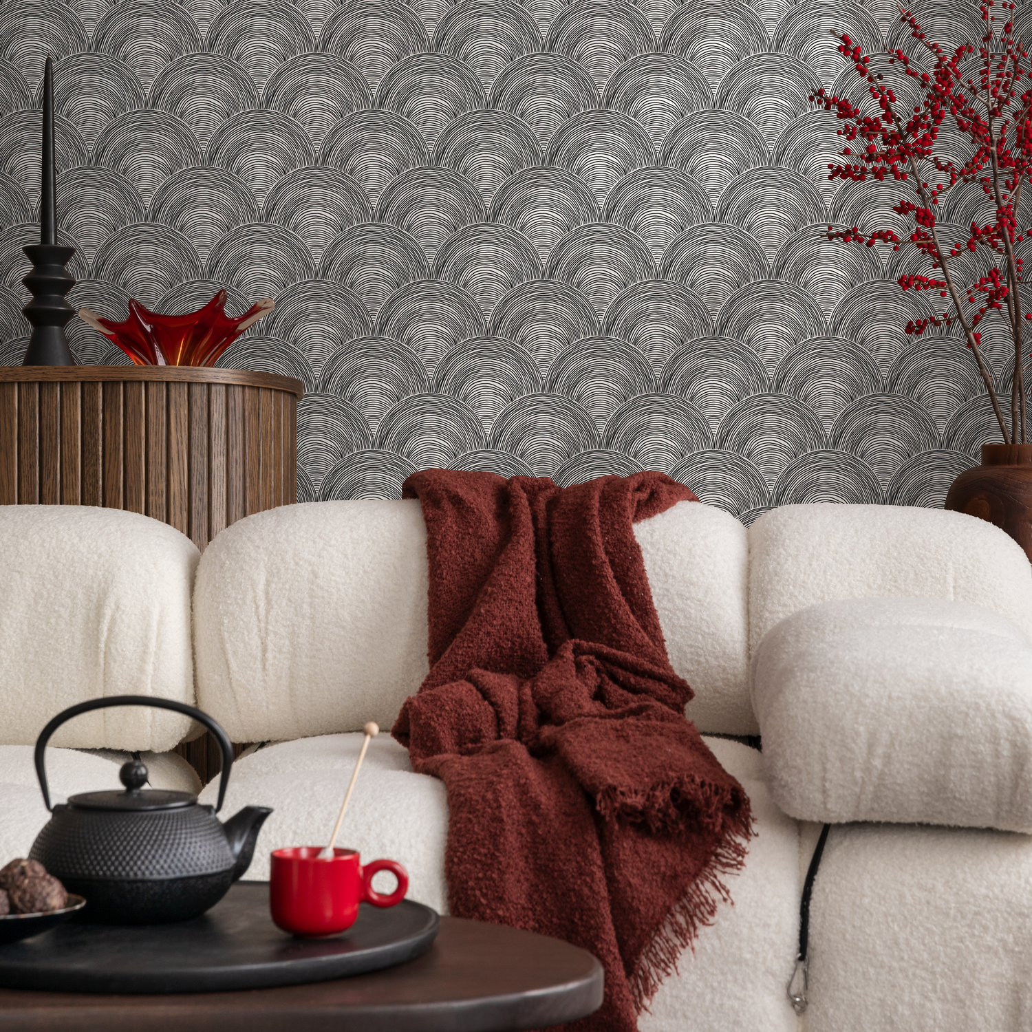 Art Deco Wallpaper with a Hand-Drawn Scallop Motif in Black and White - C170