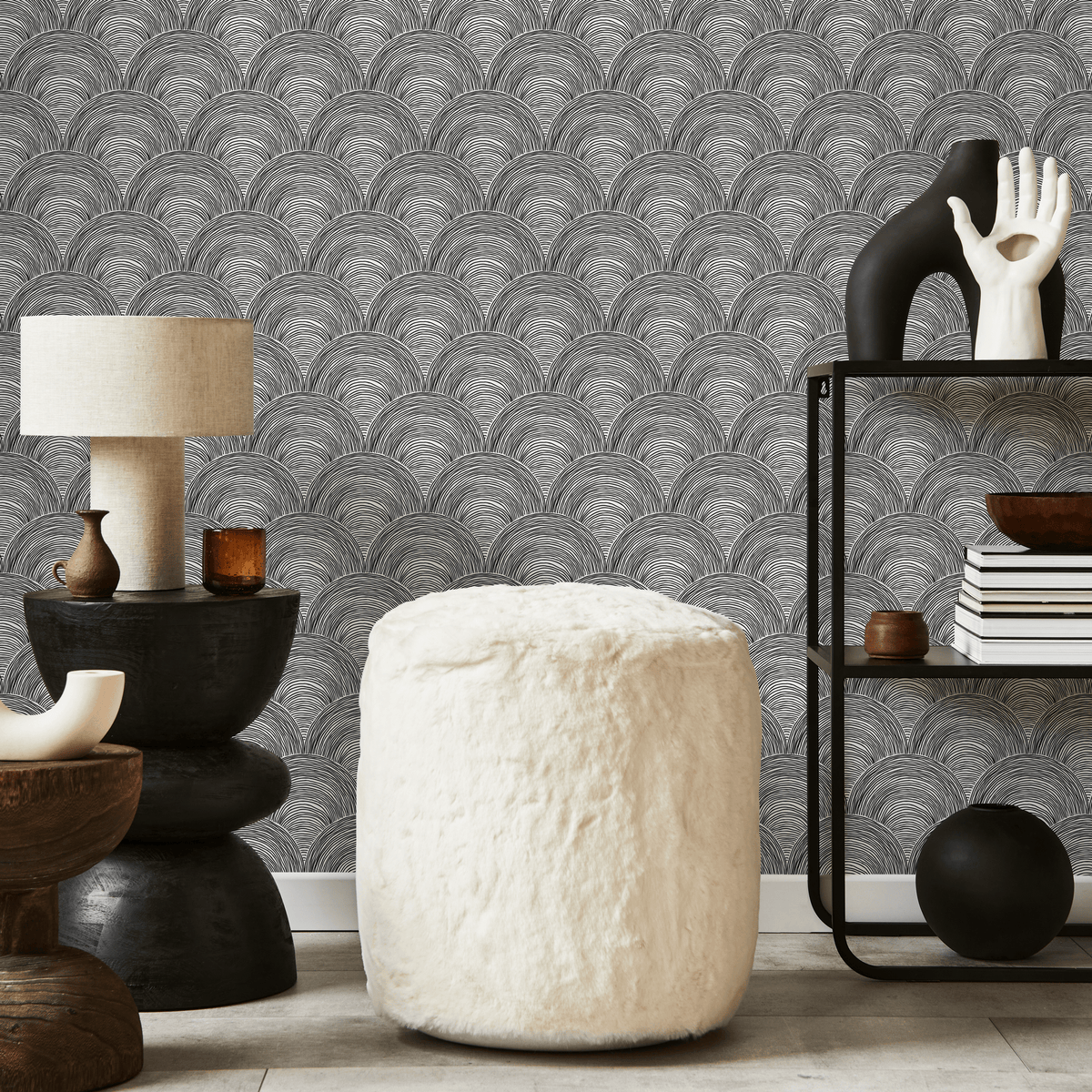 Boho Wallpaper with a Hand-Drawn Scallop Motif in Black and White - detail view