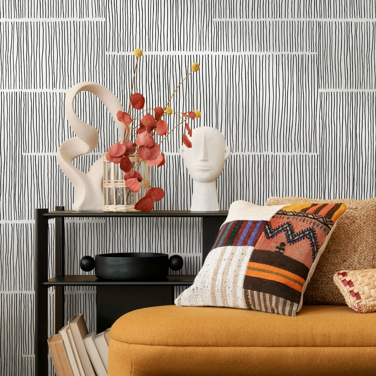 Abstract Wallpaper with Hand-Drawn Vertical Lines in Black and White - detail view