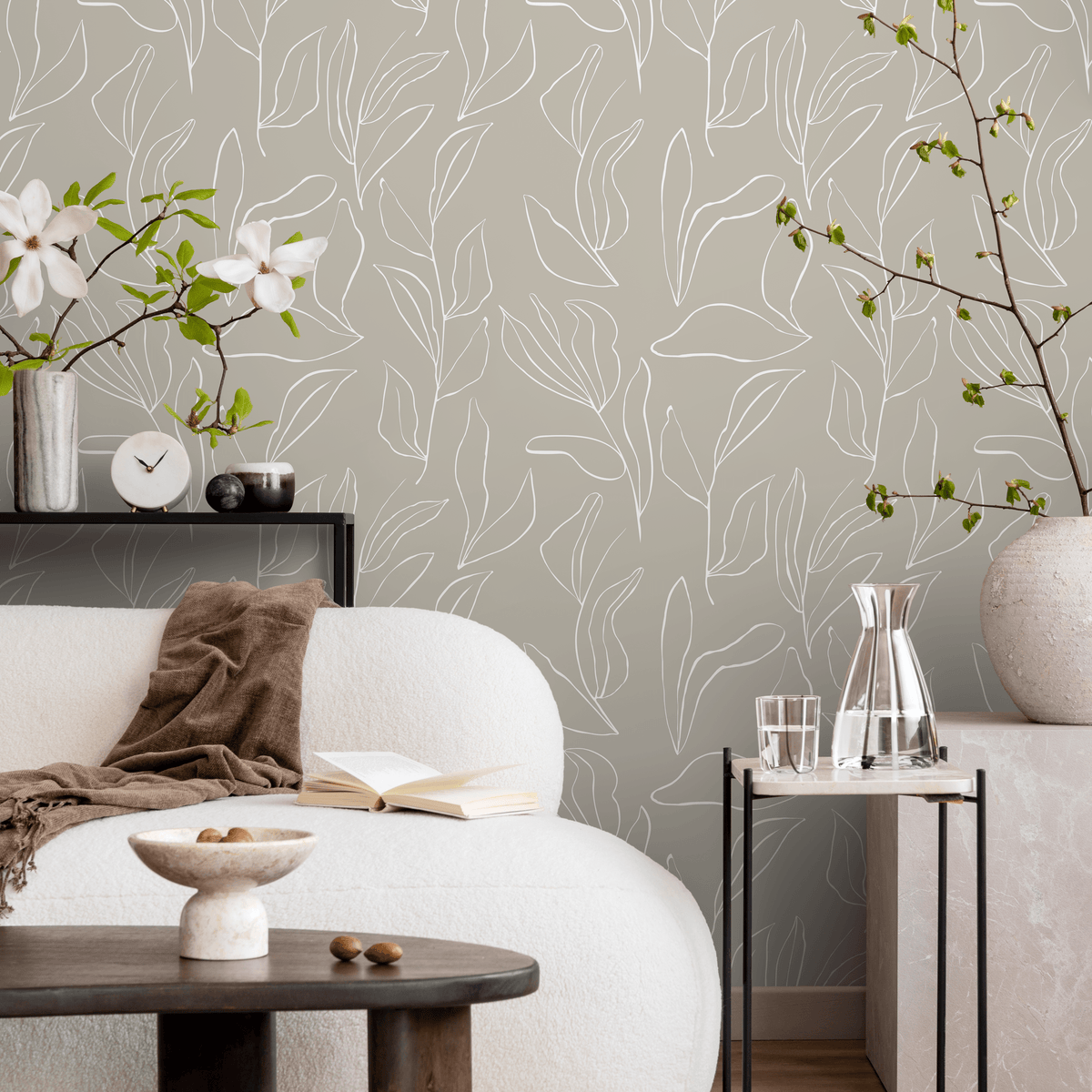 Botanical Wallpaper Featuring Stylized Leaf Outlines in Taupe and White - detail view