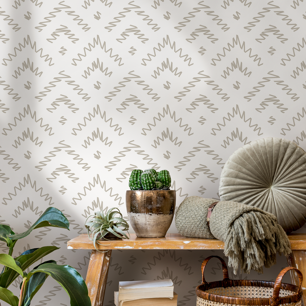 Abstract Wallpaper with a Hand-Drawn Chevron Motif in Taupe - detail view