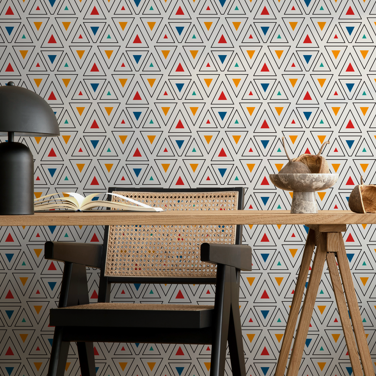 Geometric Wallpaper with a Pattern of Colorful Triangles in Red, Orange, and Blue - detail view