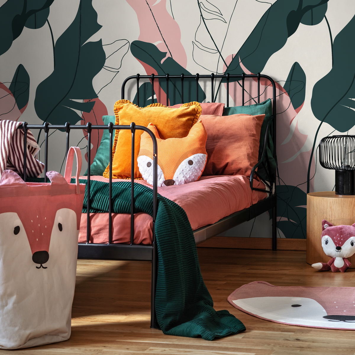 Abstract Botanical Wallpaper with Banana Leaf Line Art in Teal and Pink - detail view