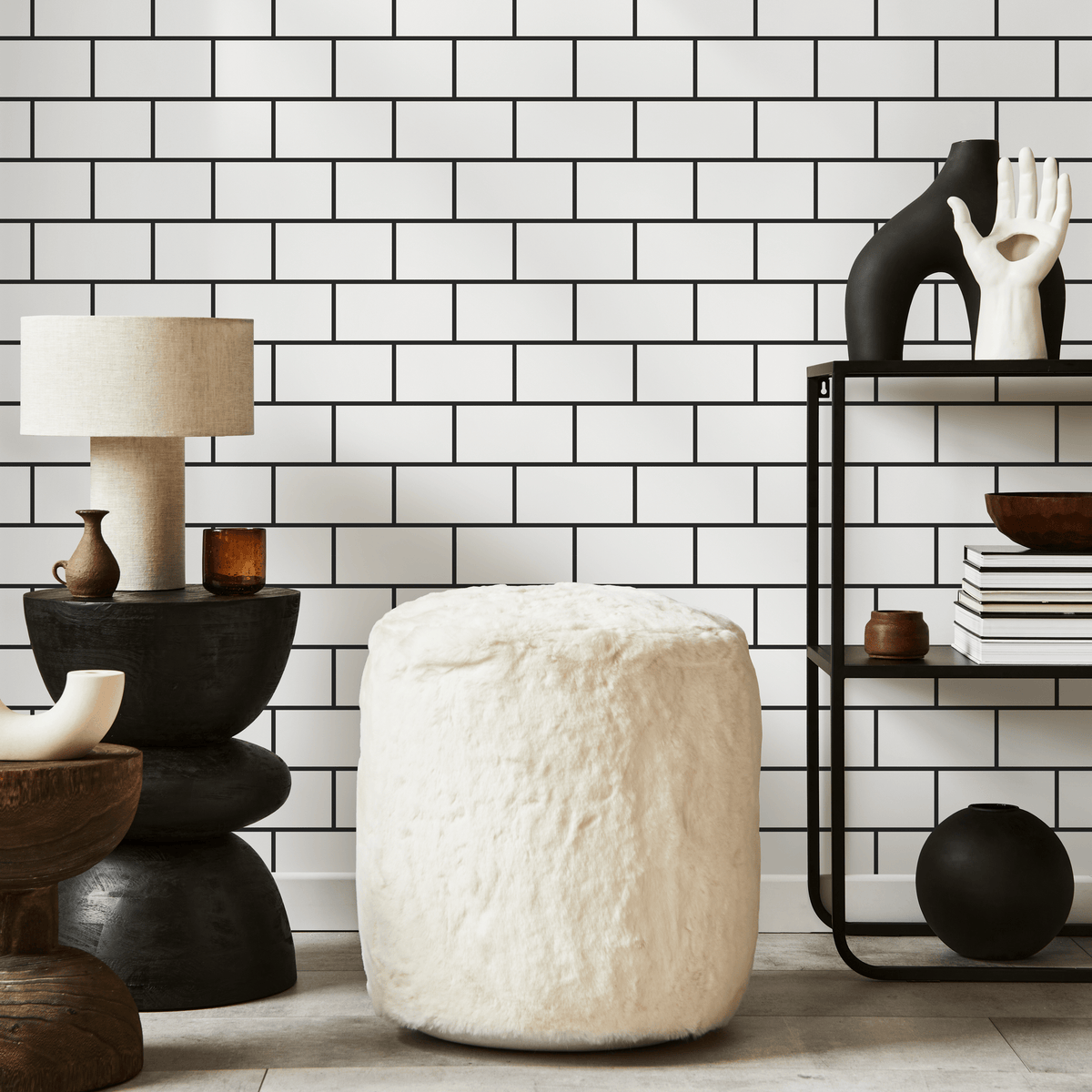 Subway Tile Wallpaper with a Minimalist Brick Pattern in Black and White - detail view