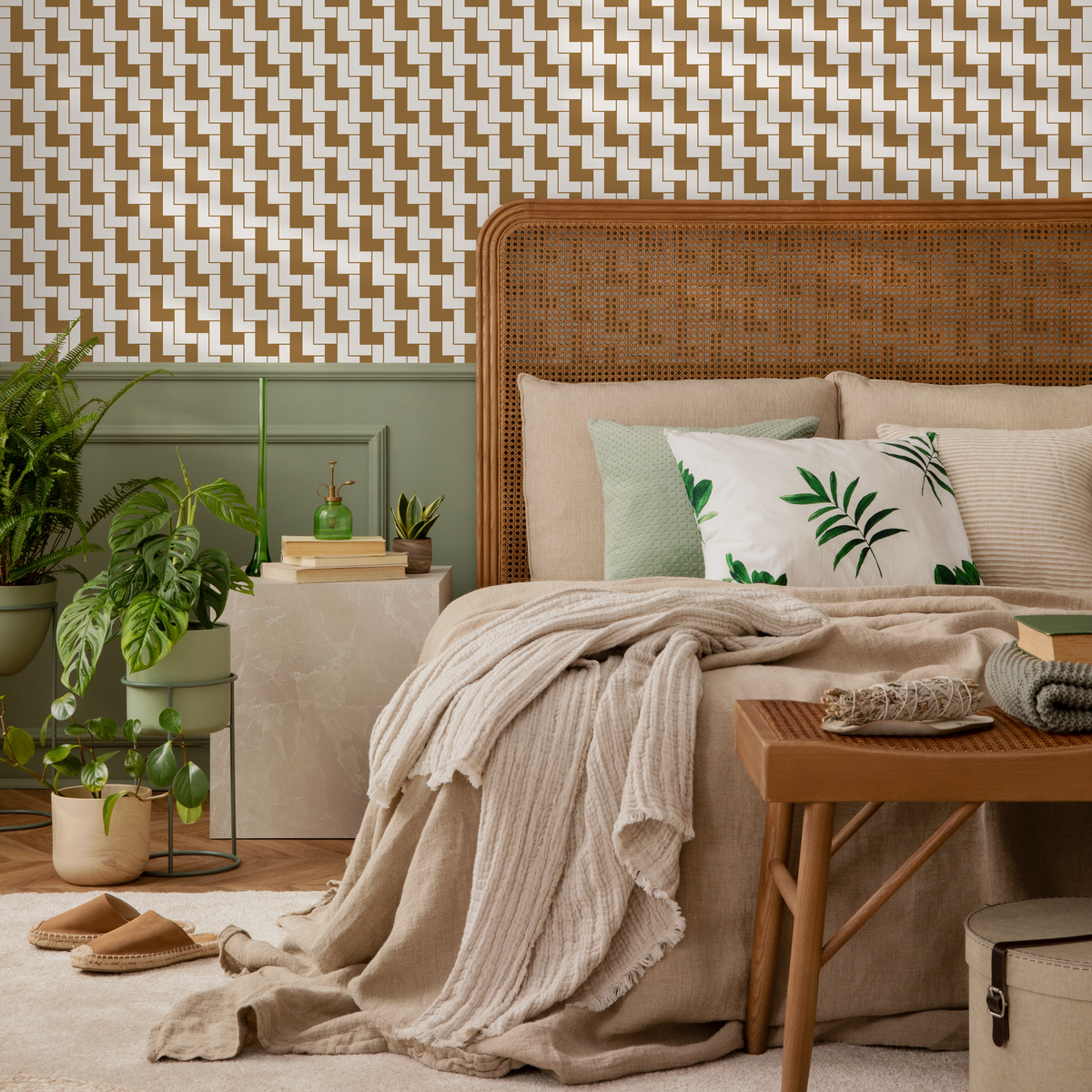 Geometric Wallpaper with an Interlocking L-Shape Motif in Brown and White - detail view