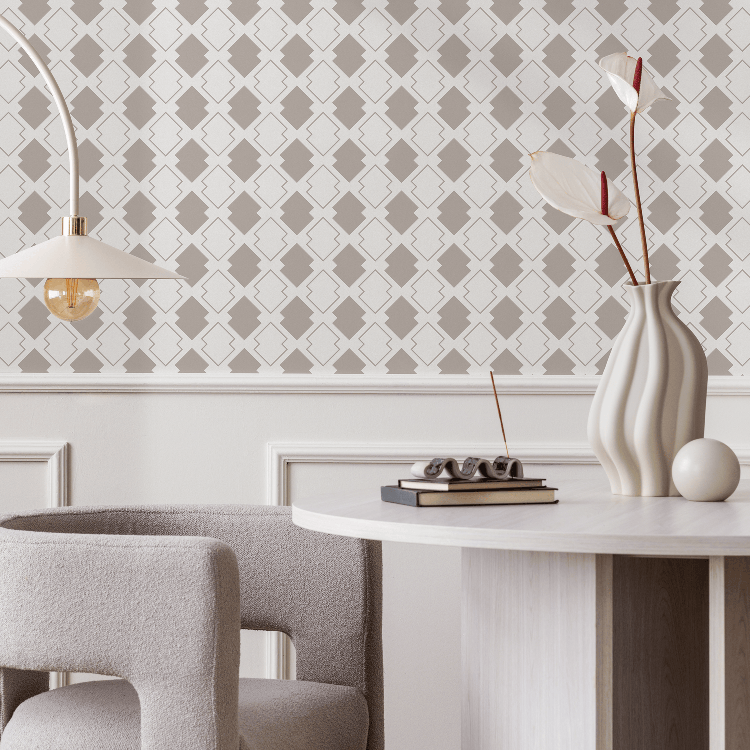 Geometric Wallpaper with a Minimalist Diamond Lattice in Taupe - C183