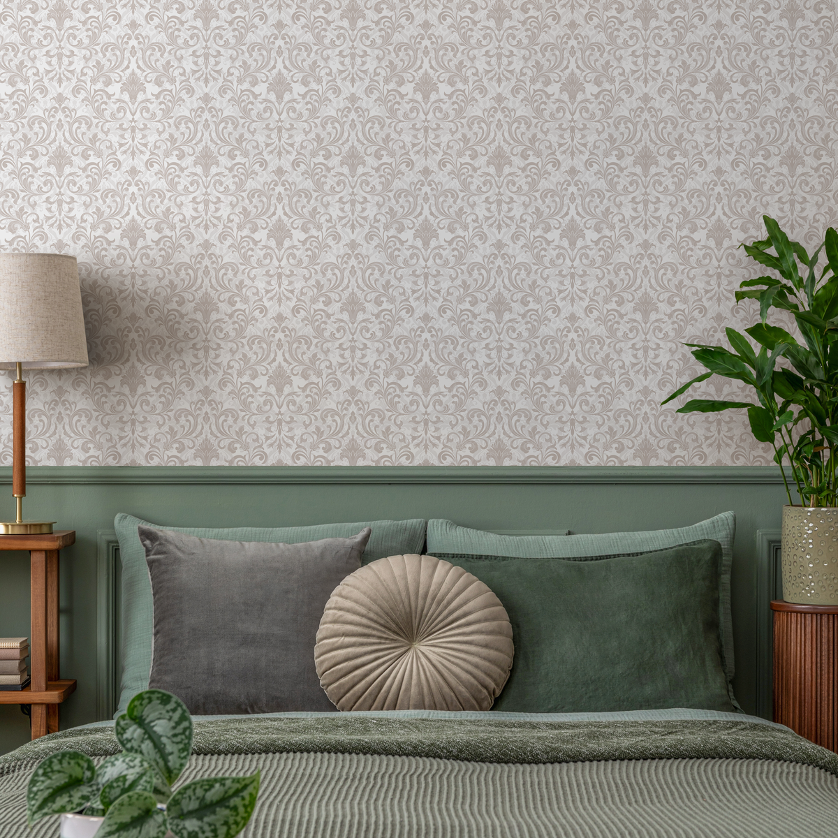 Damask Wallpaper with an Elegant Scroll Motif in Beige - room view