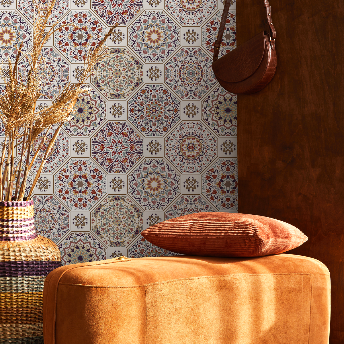 Tile Wallpaper with Intricate Mandala Motifs in Red, Purple, and Gold - detail view