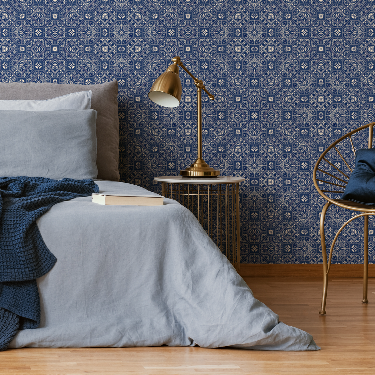 Geometric Wallpaper with an Intricate Tile Motif in Navy Blue and Beige - detail view