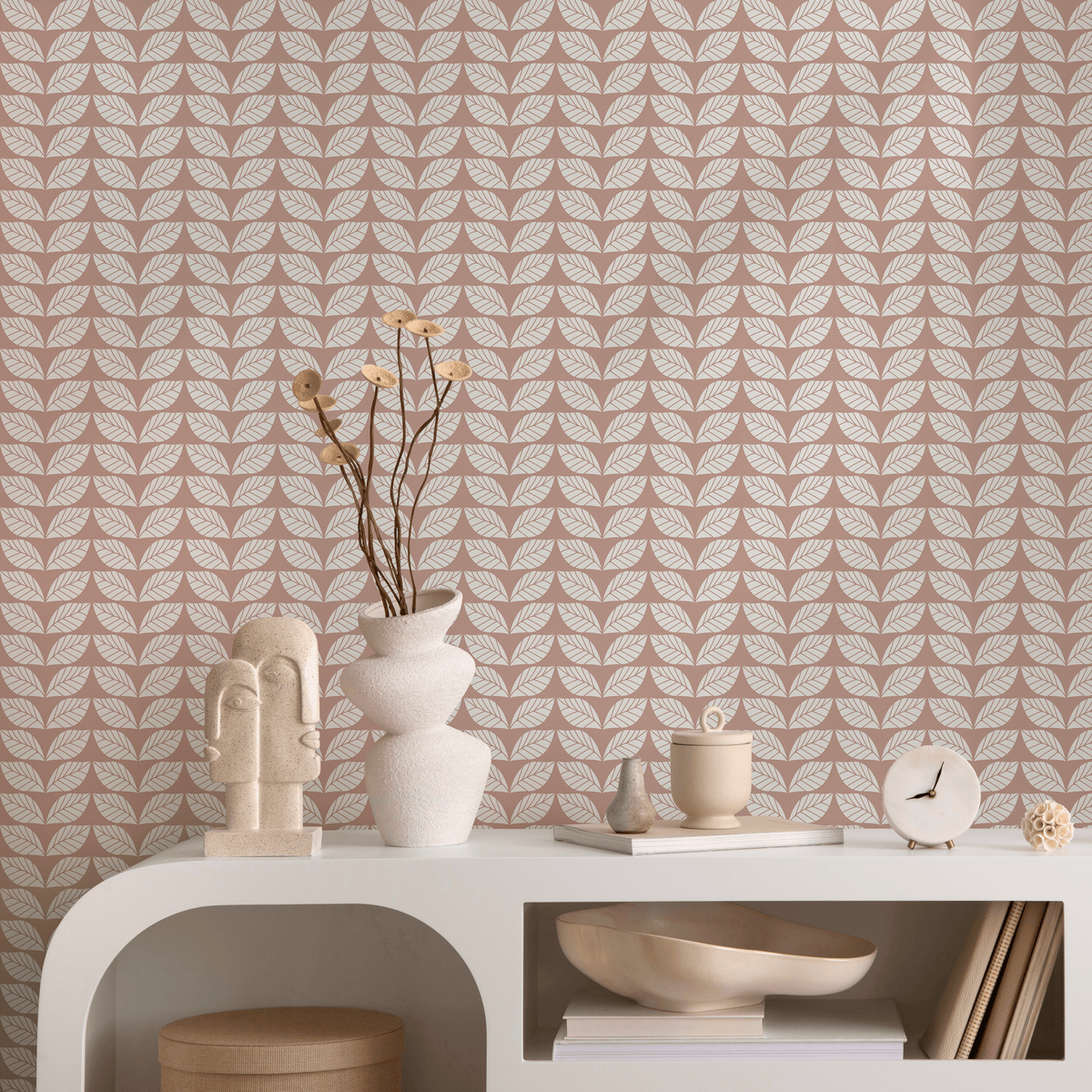 Herringbone Wallpaper with a Stylized Leaf Motif in Terracotta and Beige - detail view