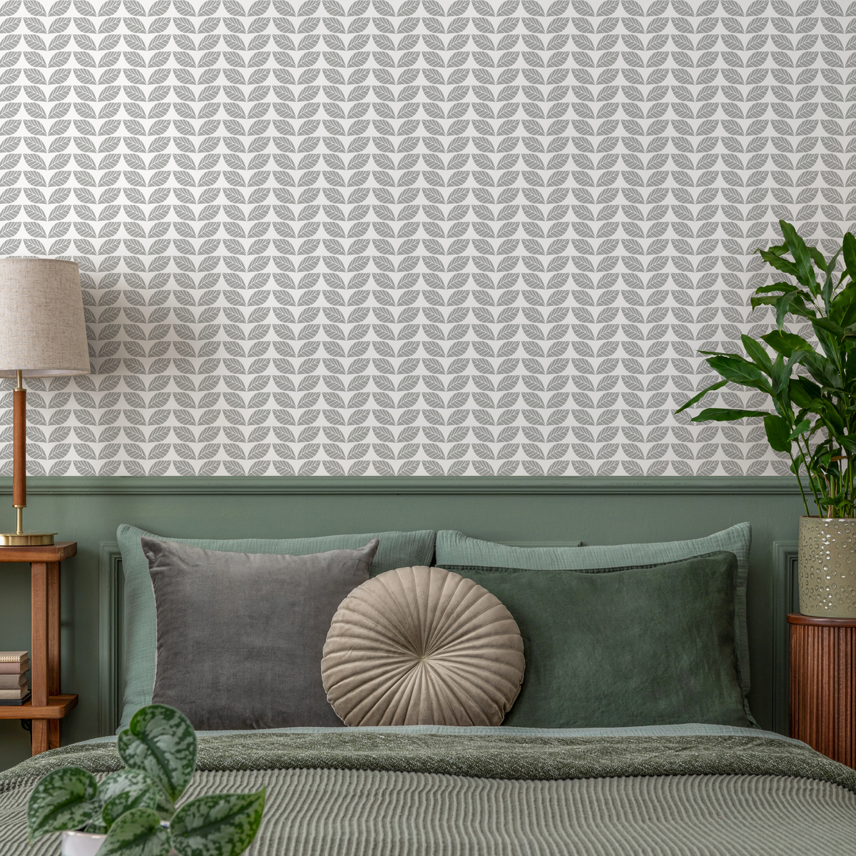 Geometric Wallpaper with a Repeating Leaf Motif in Gray - detail view