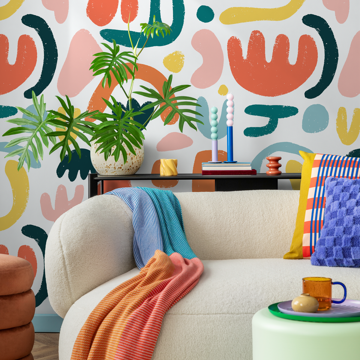 Abstract Wallpaper with Colorful Organic Shapes in Orange, Teal, and Yellow - detail view
