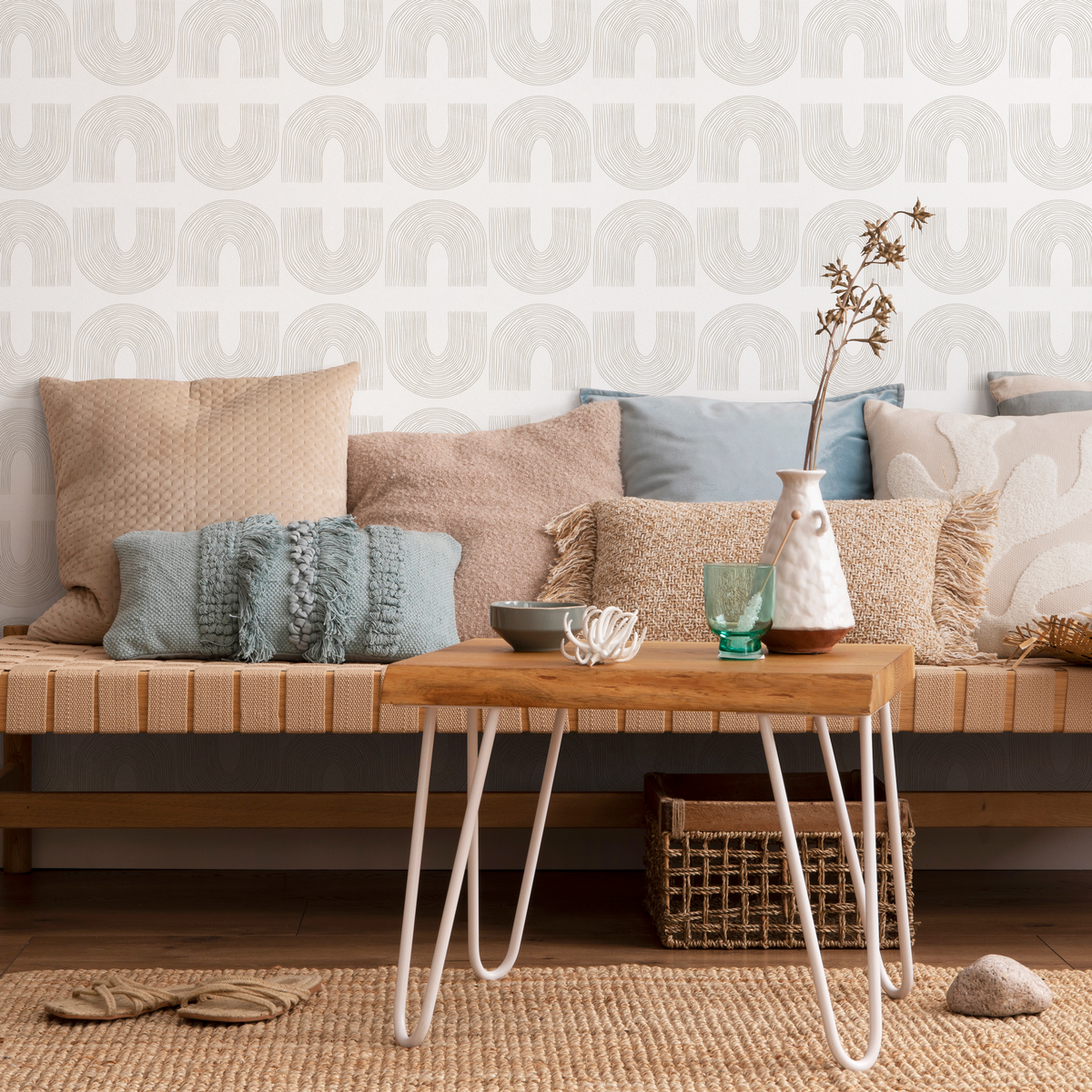 Minimalist Hand-Drawn Arch Geometric Wallpaper in Beige - detail view