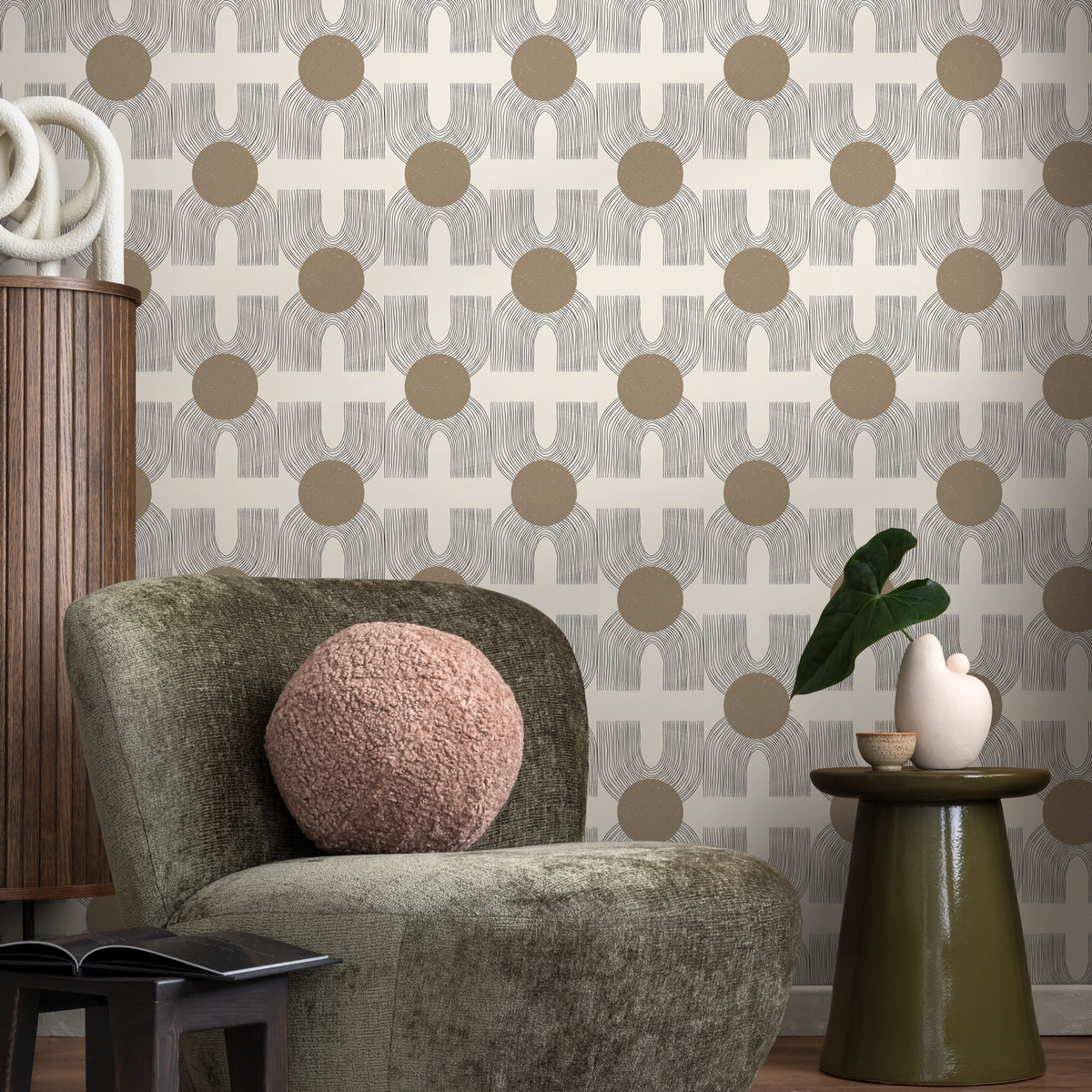 Geometric Wallpaper with Abstract Circles and Sketched Lines in Brown and Black - detail view