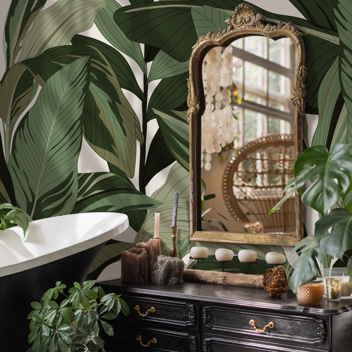 Botanical Wallpaper Featuring Large Tropical Leaves in Green - detail view
