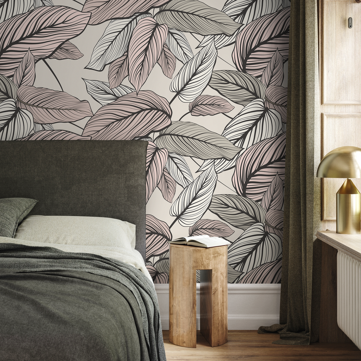Botanical Wallpaper with Lined Calathea Leaves in Pink, Beige, and Black - detail view