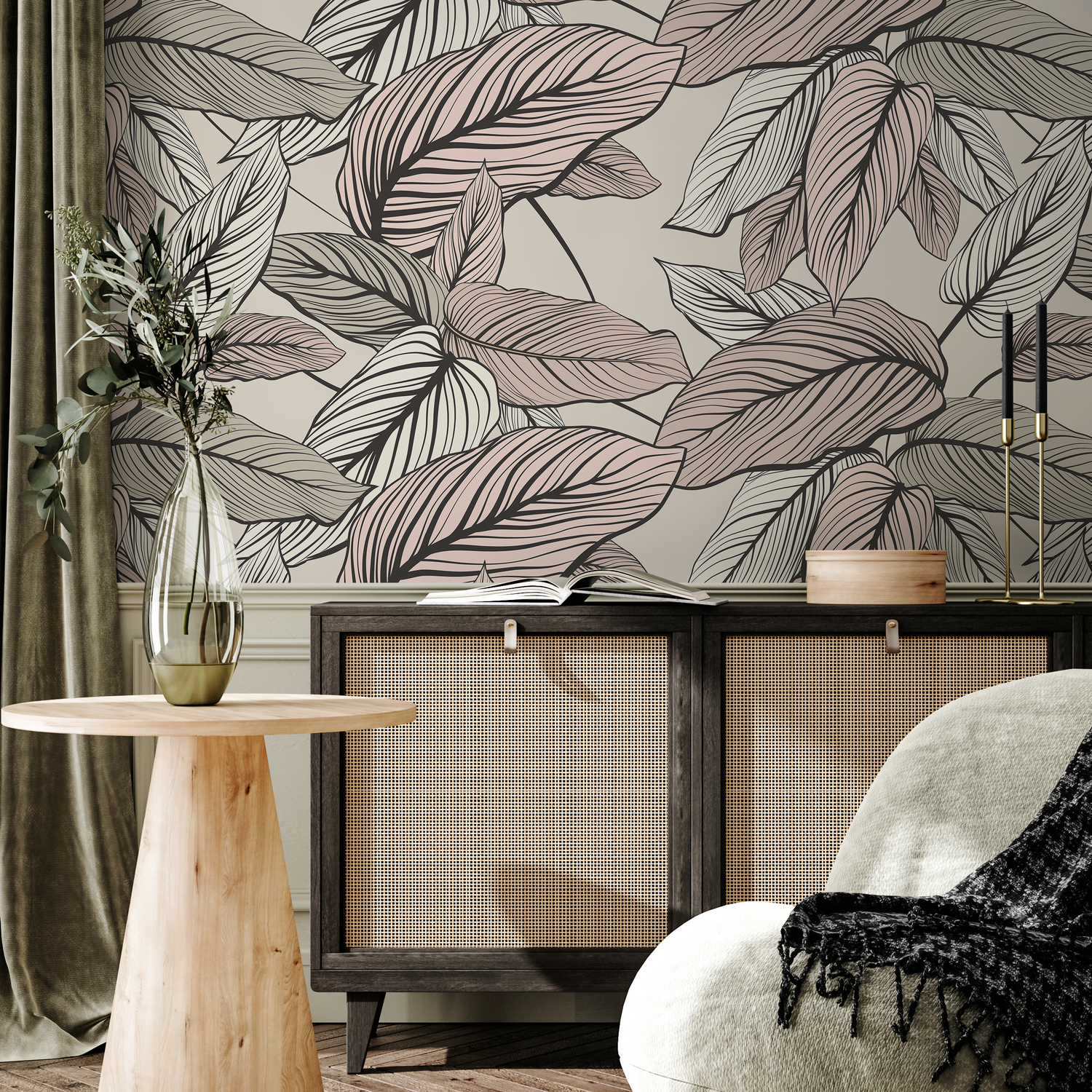 Papier peint autocollant amovible, décoration d'intérieur, art mural, décoration de chambre / Papier peint à feuilles roses - C200