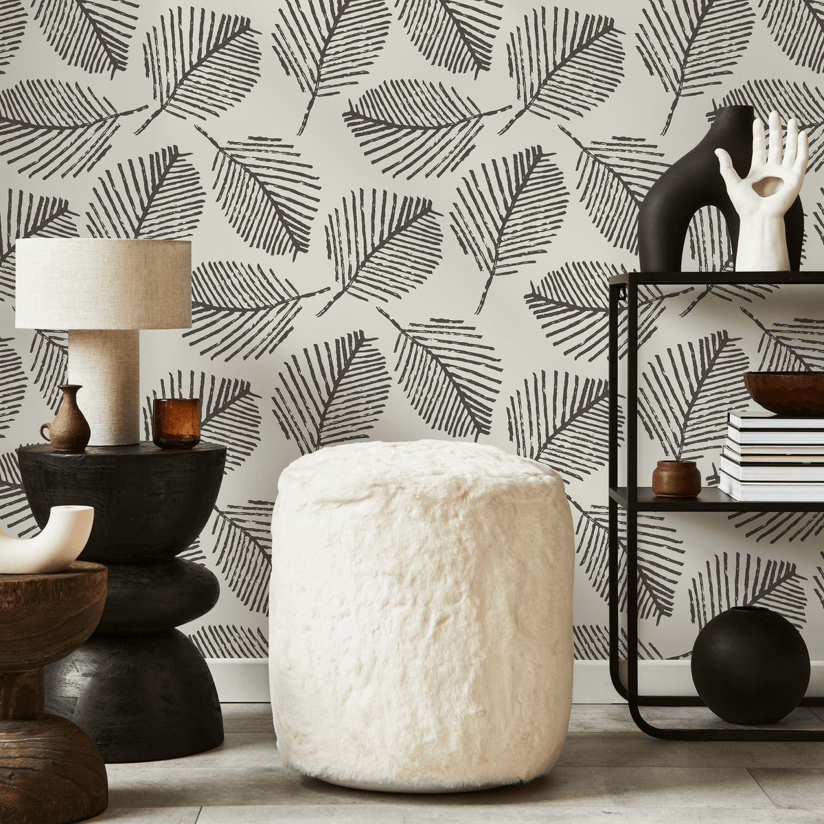 Botanical Wallpaper with a Stamped Leaf Motif in Black and Off-White - detail view