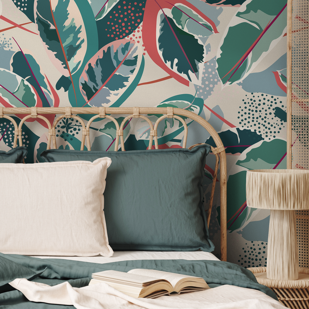 Botanical Wallpaper with Abstract Tropical Leaves in Green, Coral, and Blue - detail view
