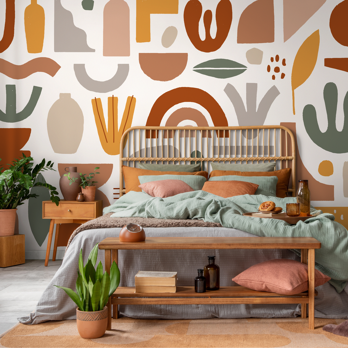 Boho Wallpaper with Abstract Shapes and Rainbows in Terracotta, Sage, and Yellow - detail view