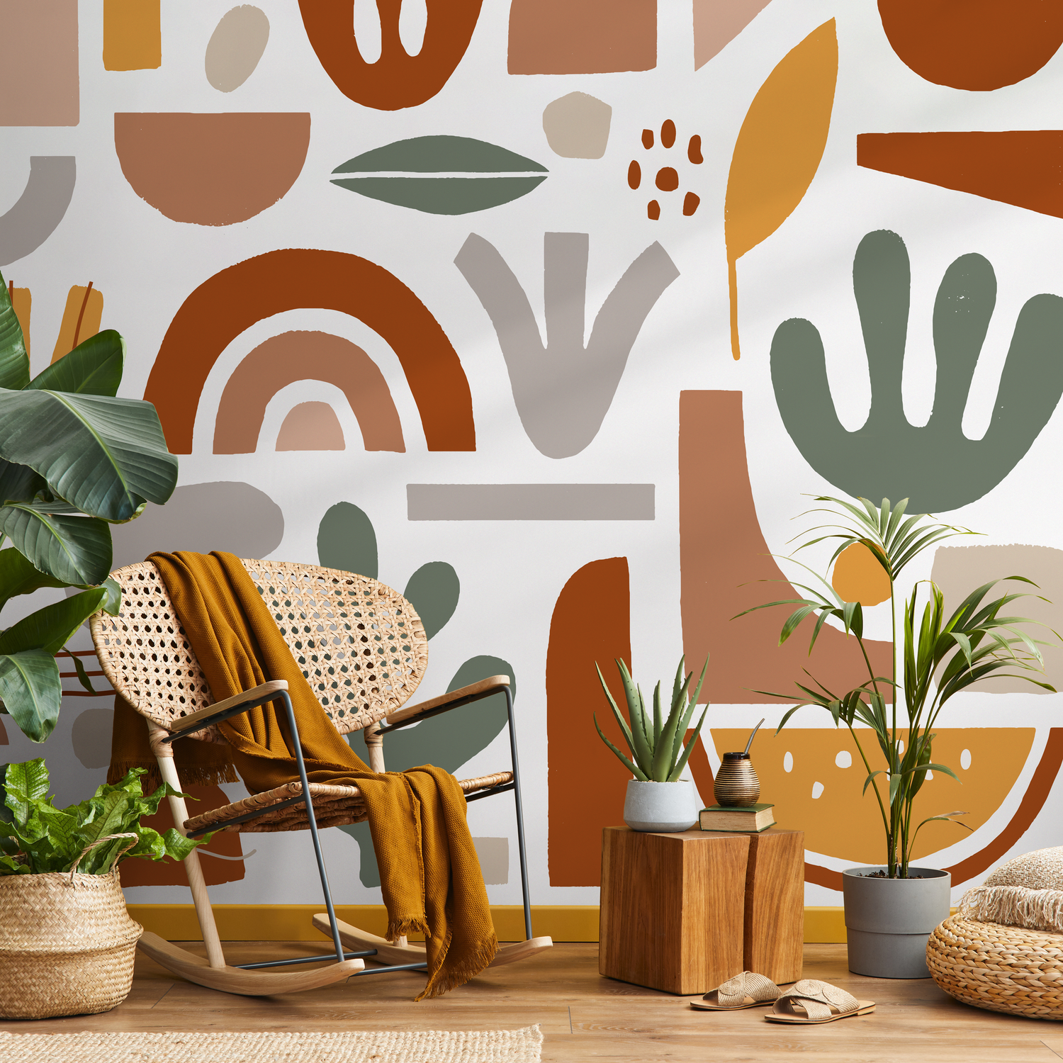 Boho Wallpaper with Abstract Shapes and Rainbows in Terracotta, Sage, and Yellow - C203