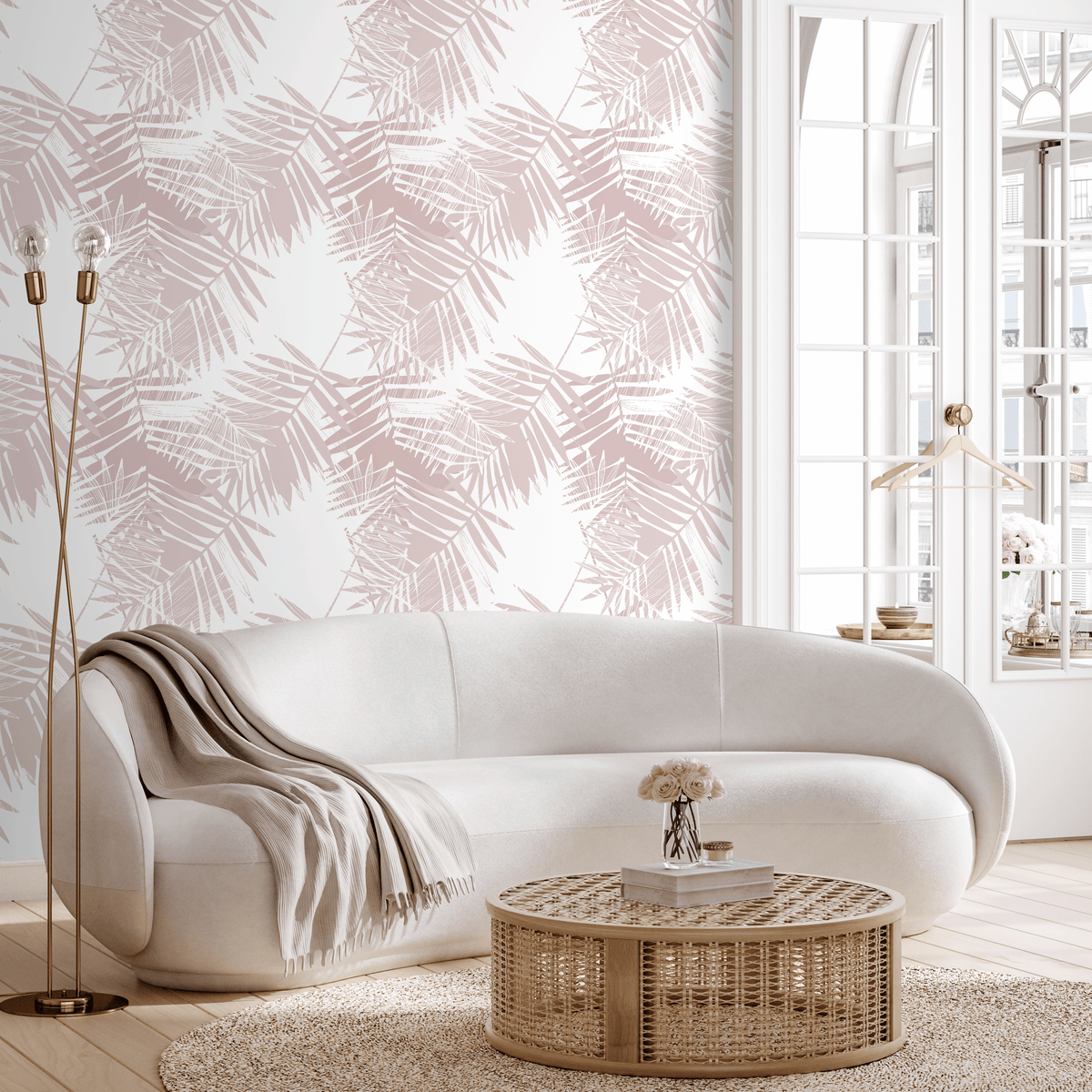 Botanical Wallpaper with a Sketchy Palm Leaf Motif in Dusty Pink - detail view