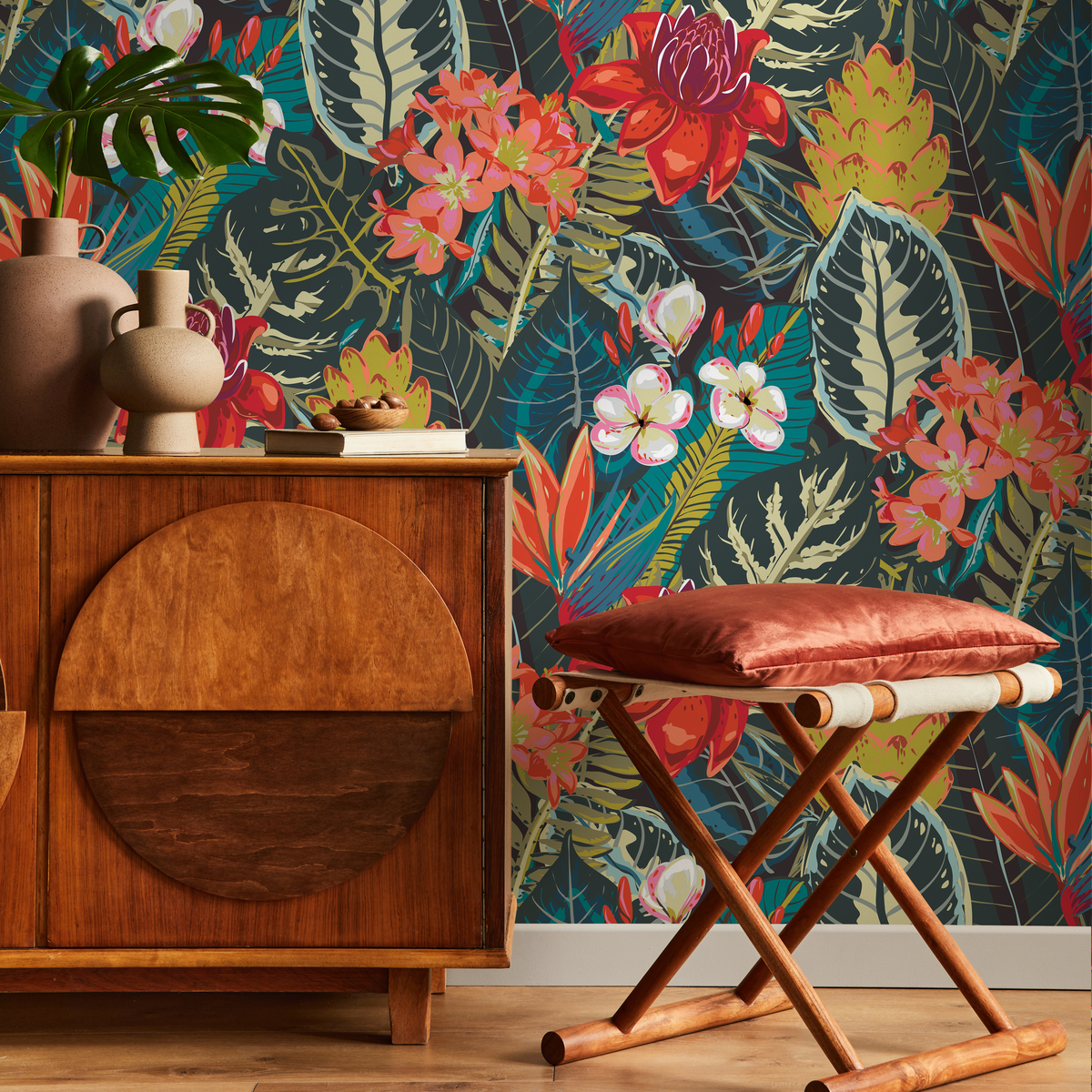 Botanical Wallpaper with a Lush Tropical Motif in Red, Pink, and Green - detail view