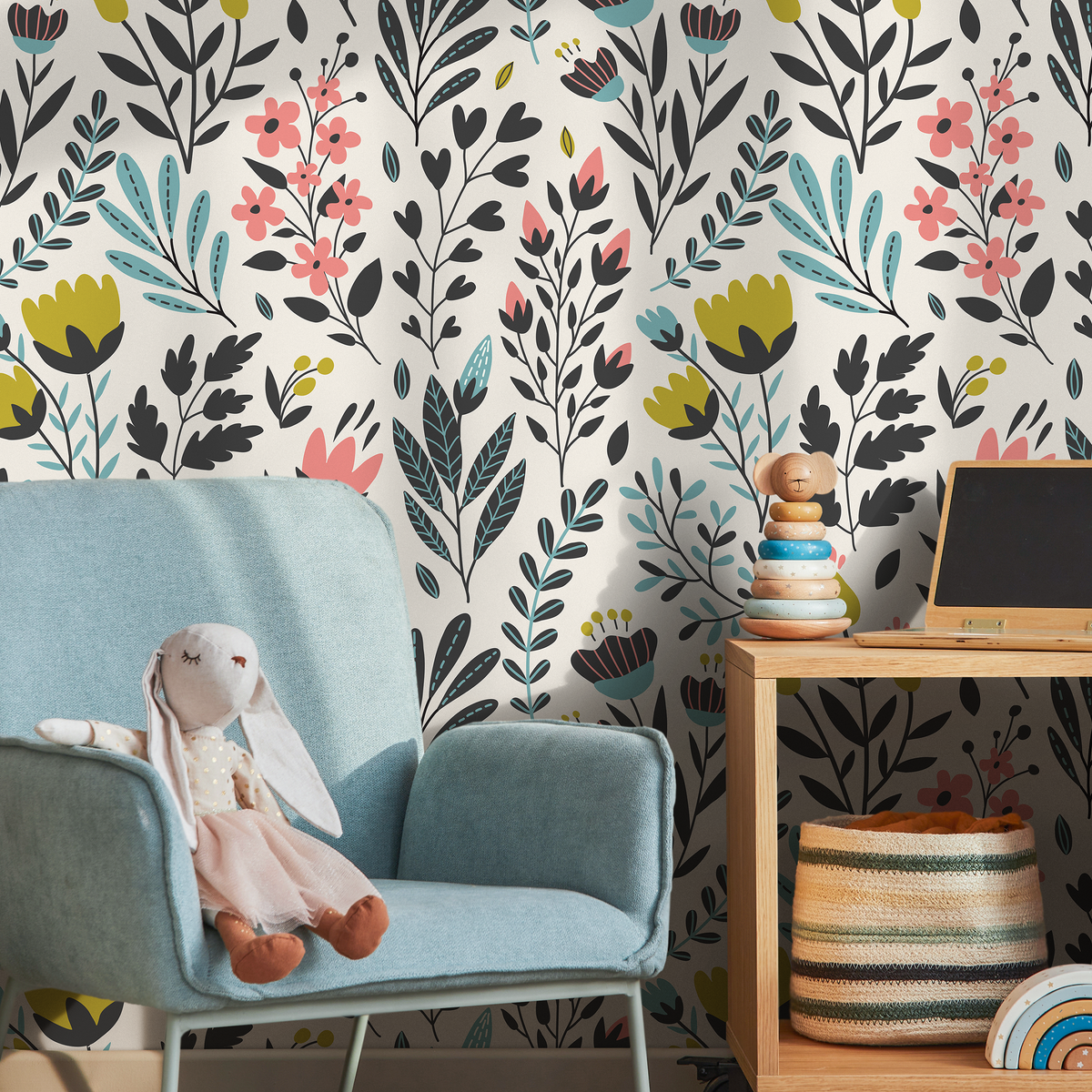 Floral Wallpaper with a Folk Art Meadow in Black, Pink, and Teal - detail view