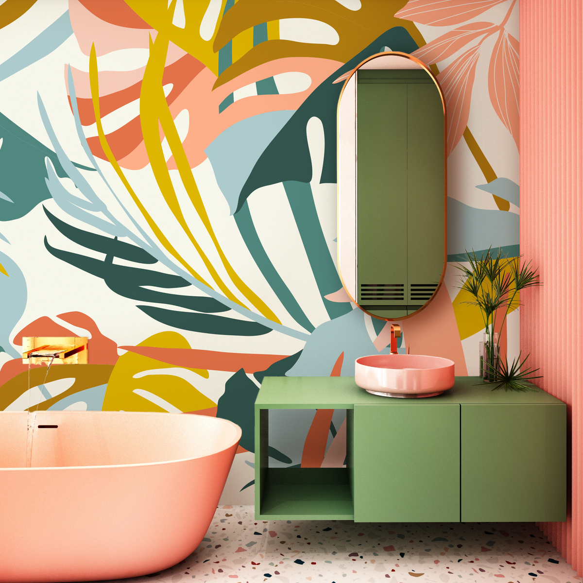 Abstract Botanical Wallpaper with Modern Tropical Leaves in Teal, Coral, and Yellow - detail view