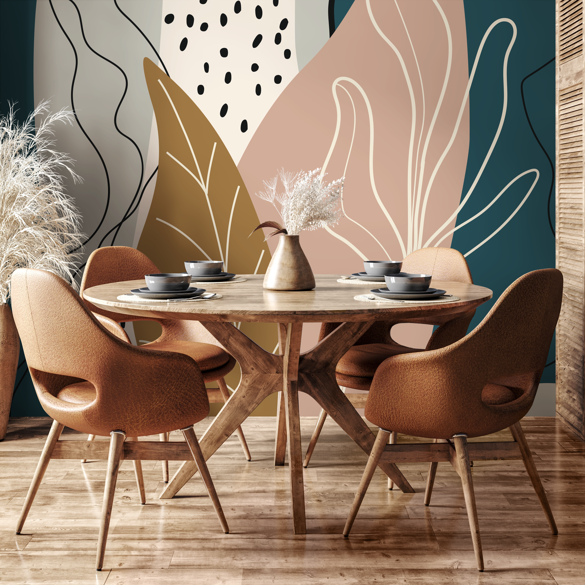 Scandinavian Wallpaper with Abstract Leaves in Teal, Warm Beige, and Brown - detail view