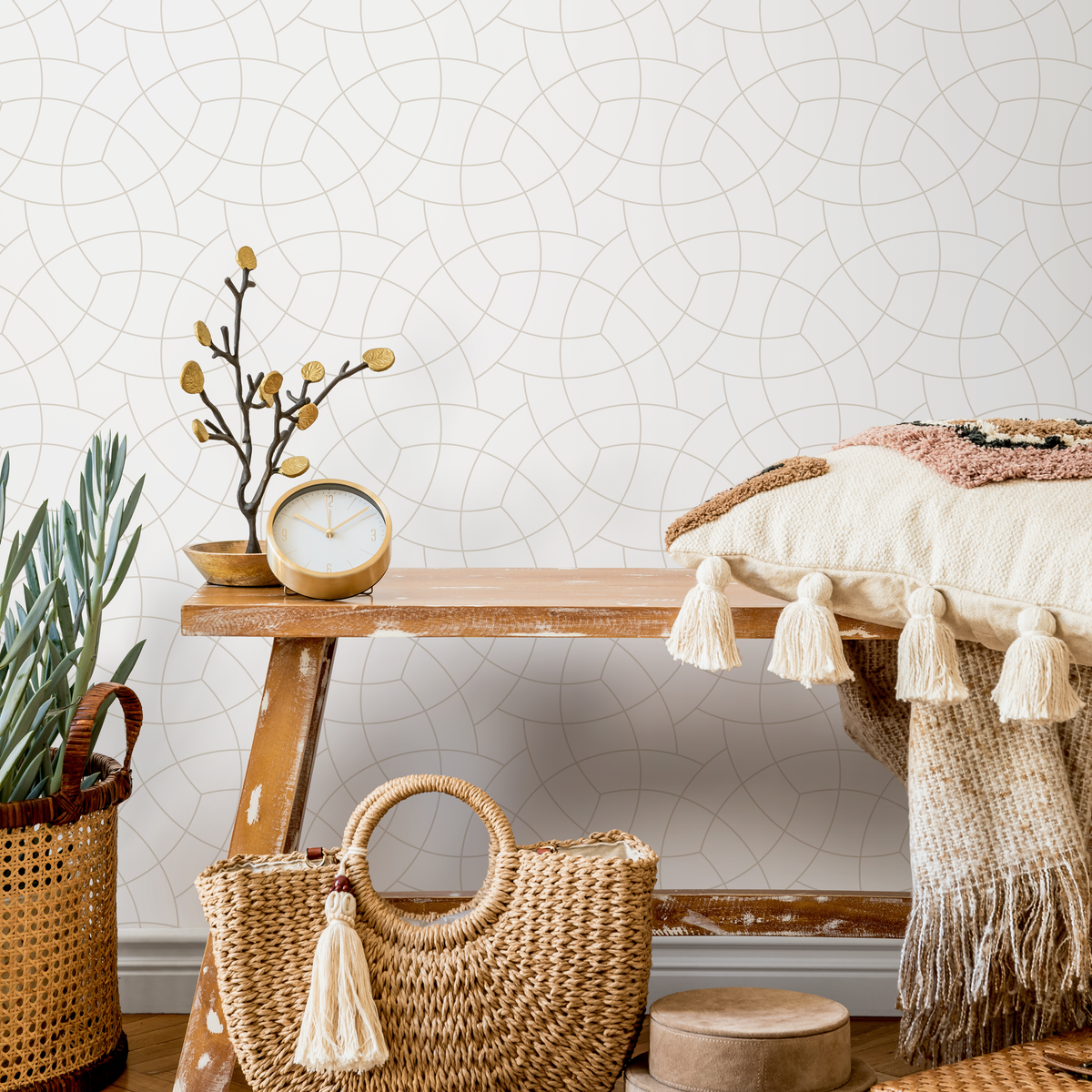 Geometric Wallpaper with an Interlocking Arc Pattern in Tan - detail view