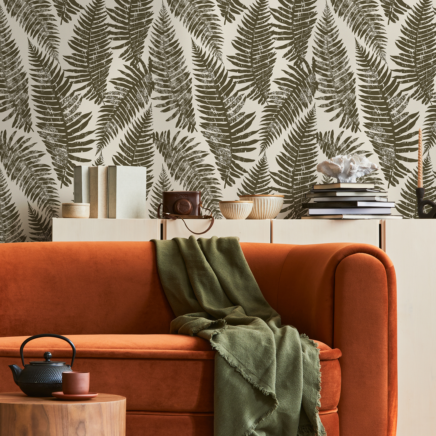 Botanical Wallpaper with a Distressed Fern Motif in Olive Green and Beige - C214
