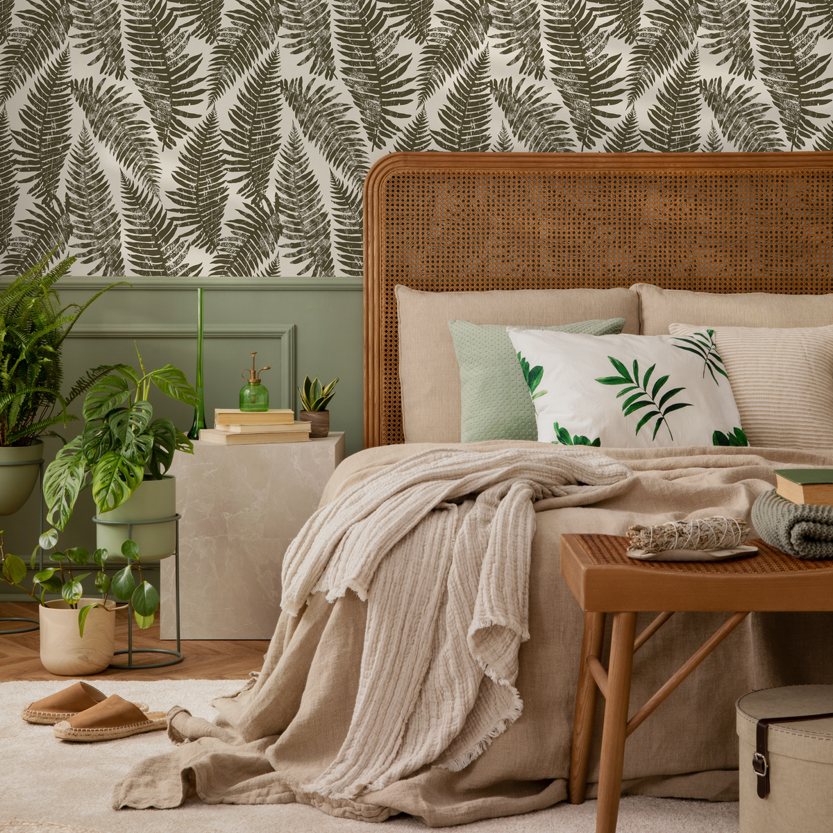 Botanical Wallpaper with a Distressed Fern Motif in Olive Green and Beige - detail view