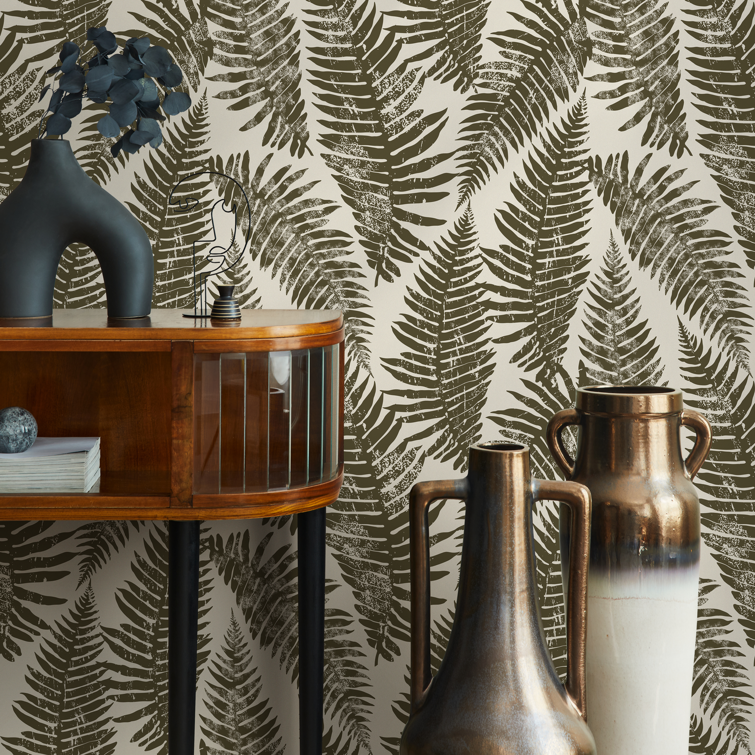 Botanical Wallpaper with a Distressed Fern Motif in Olive Green and Beige - C214