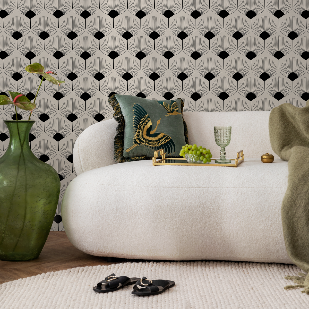 Art Deco Wallpaper with a Stylized Fan Motif in Black and Beige - detail view