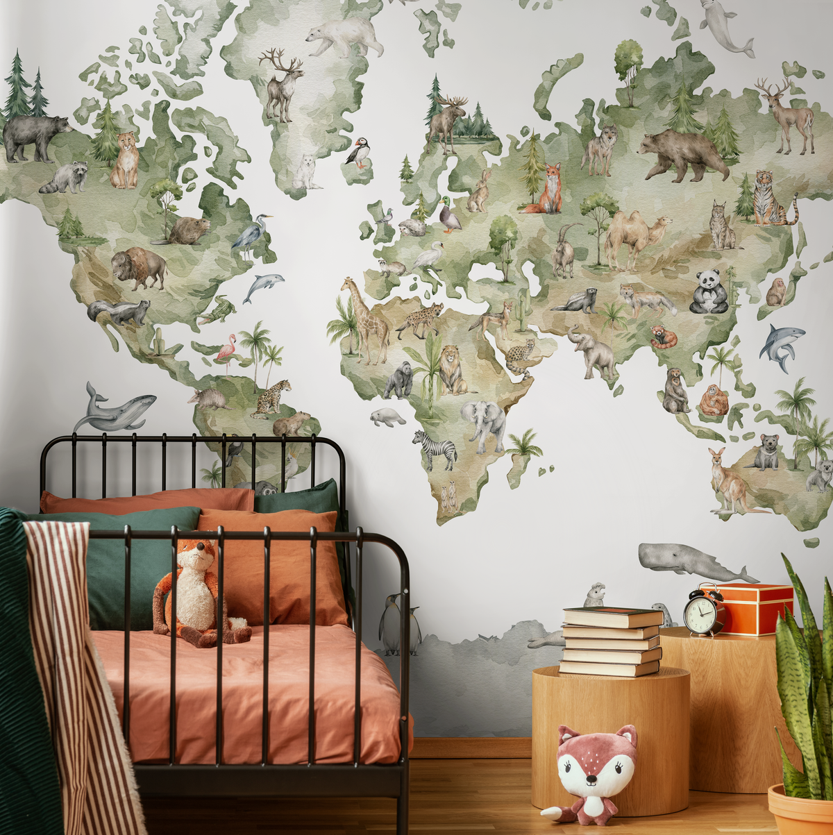 World Map Wallpaper Featuring Animals of the World in Green and Beige - detail view