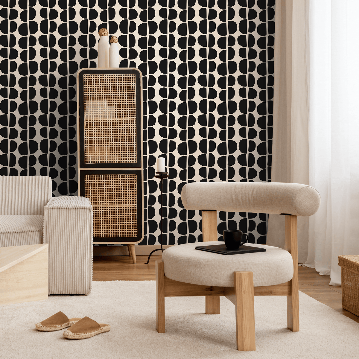 Modern Abstract Wallpaper with Organic Semi-Circles in Black and Off-White - detail view