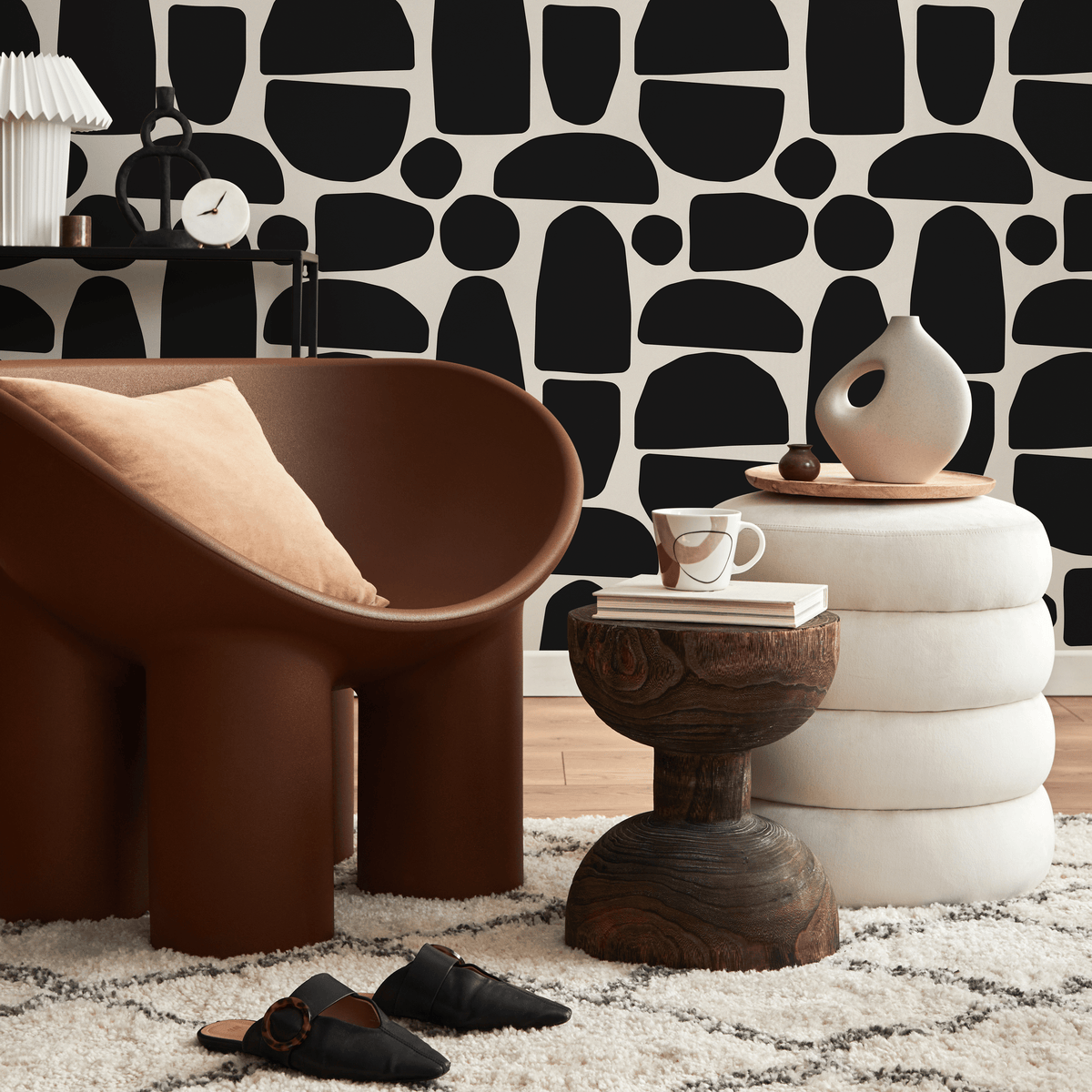 Modern Abstract Wallpaper with Bold Organic Shapes in Black and Beige - detail view