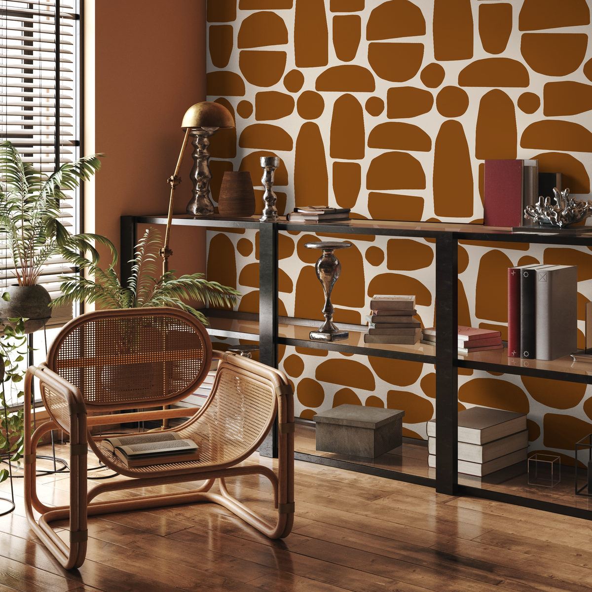 Modern Abstract Wallpaper Featuring Organic Pebble Shapes in Terracotta Brown - detail view