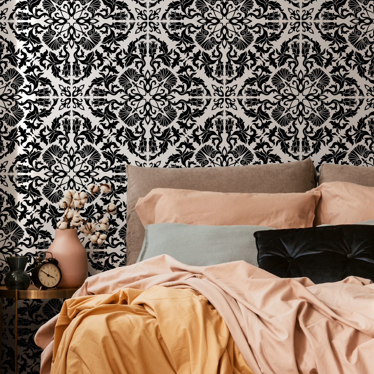 Tile Wallpaper with a Victorian Damask Motif in Black and White - detail view