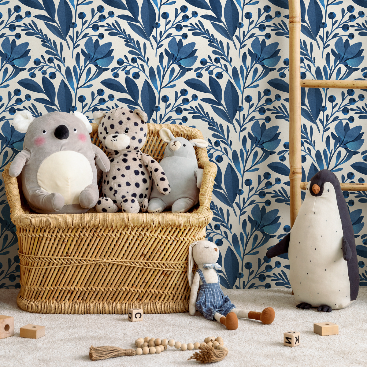 Floral Wallpaper featuring Stylized Flowers and Berries in Blue and Cream - detail view