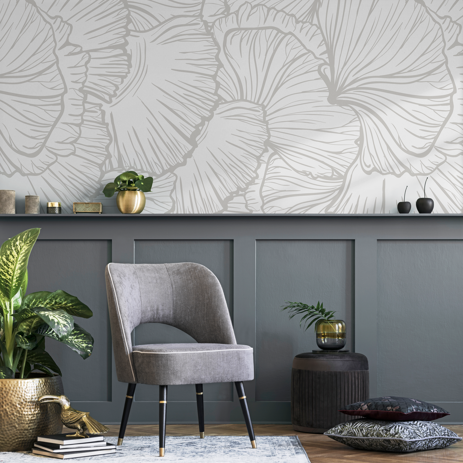 Floral Wallpaper with Overlapping Line Art Petals in Light Gray - C228