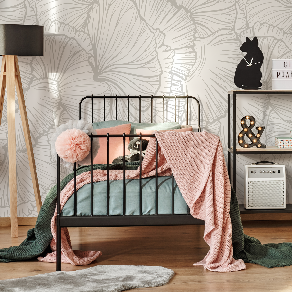Floral Wallpaper with Overlapping Line Art Petals in Light Gray - detail view