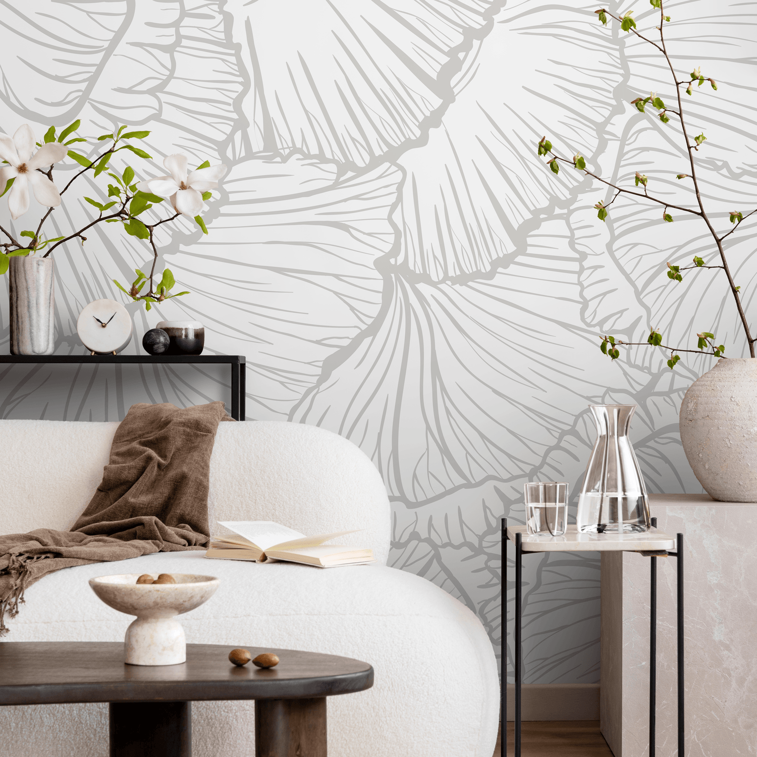 Floral Wallpaper with Overlapping Line Art Petals in Light Gray - C228