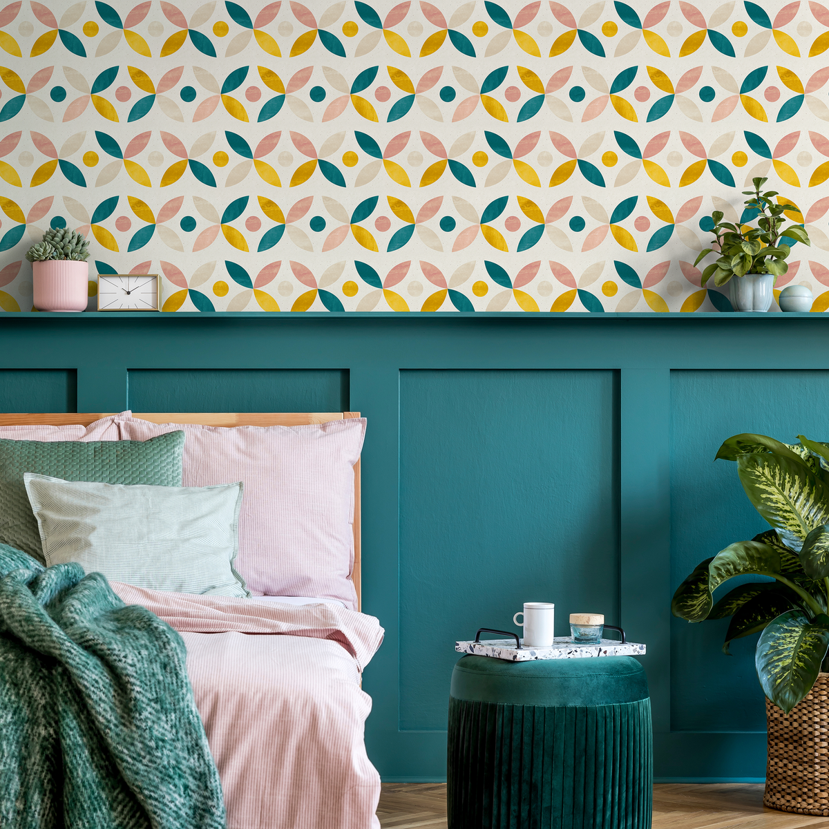 Geometric Wallpaper with Abstract Petals in Teal, Yellow, and Pink - detail view
