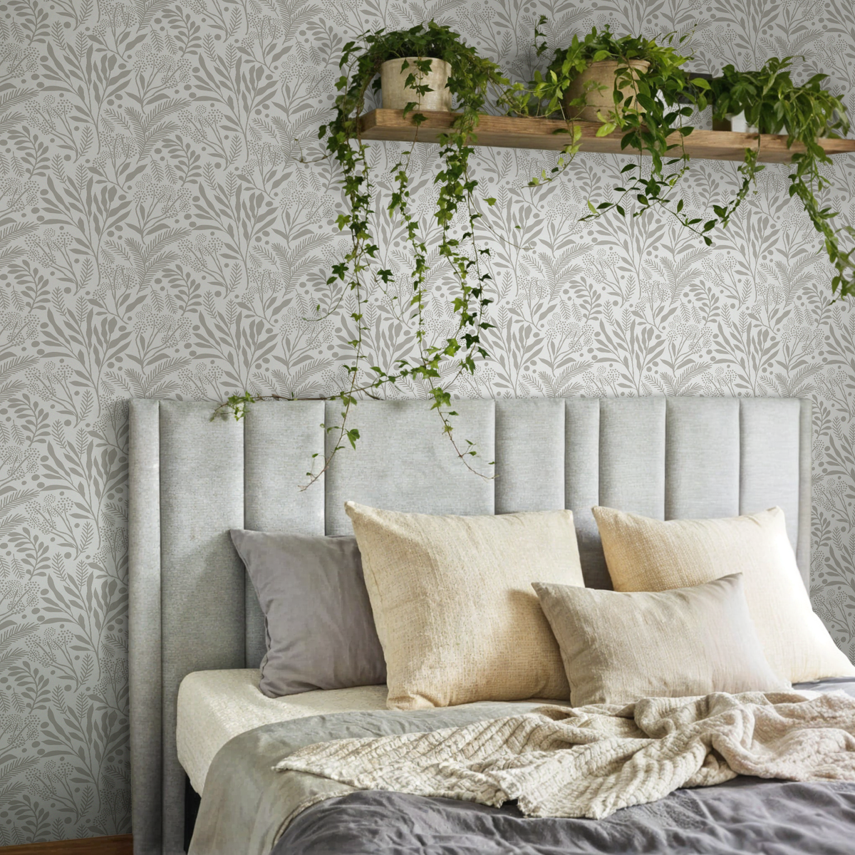 Botanical Wallpaper with Wildflower Vines in Taupe - detail view