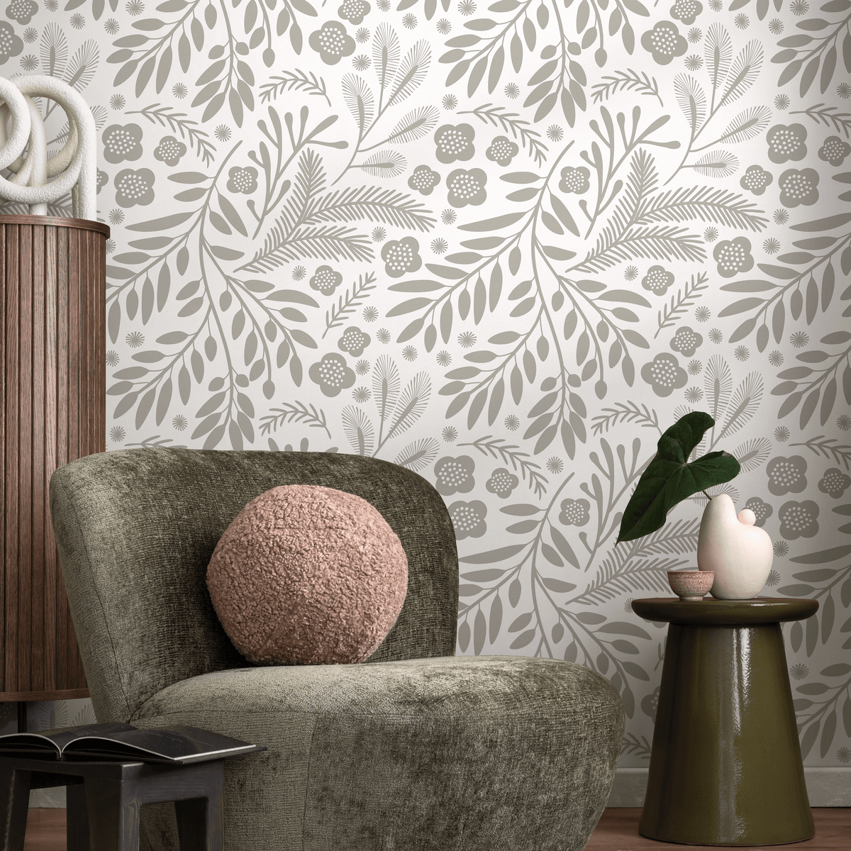Botanical Wallpaper with a Scandinavian Floral and Leaf Motif in Greige - detail view