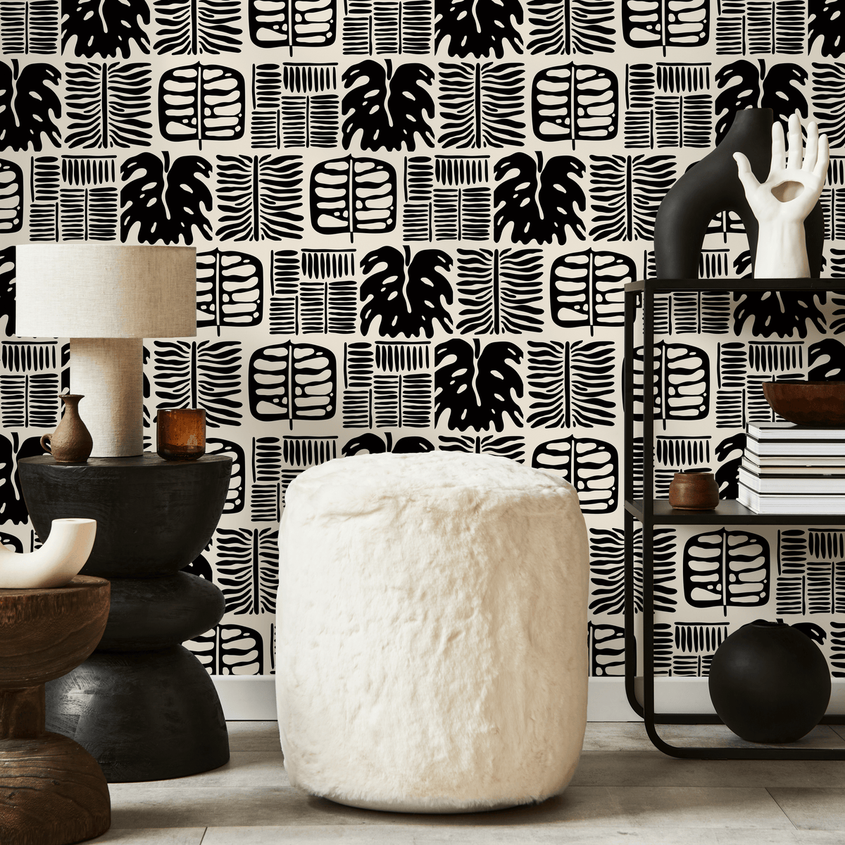 Tribal Wallpaper with Block Print Leaves in Black and Off-White - detail view