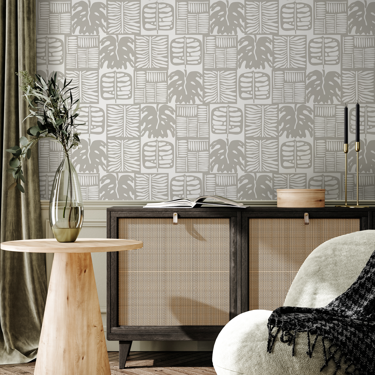 Botanical Wallpaper with a Block Print Leaf Motif in Gray - detail view